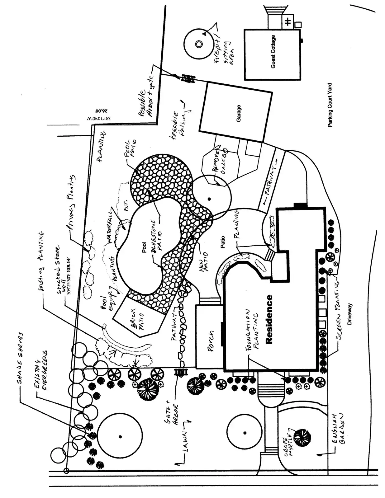 Hand drafted site plan by Scott Anderson showing pool, bluestone patio, pathways and planting beds